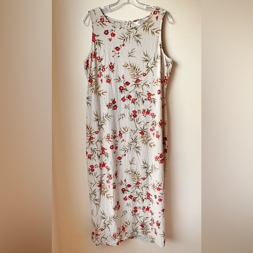 Casual Corner Annex Red & Beige Floral Linen Rayon Sleeveless Jumper Dress 12